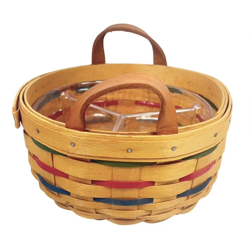 Longaberger 1999 Woven Traditions BUTTON BASKET Divided Protector Green Blue Red